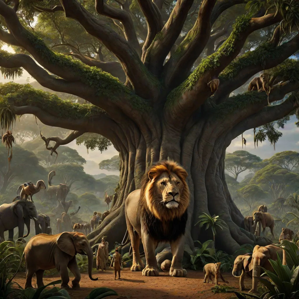 a painting of a lion surrounded by other animals in a jungle setting with a huge tree in the background, fantastic realism, a detailed matte painting, Chris LaBrooy, intricate environment
