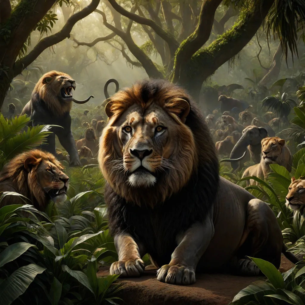 a painting of a lion surrounded by other animals in a jungle setting with trees and bushes and foliage, with a light shining on the lion's face, photorealism, a detailed matte painting, Chris LaBrooy, photoreal