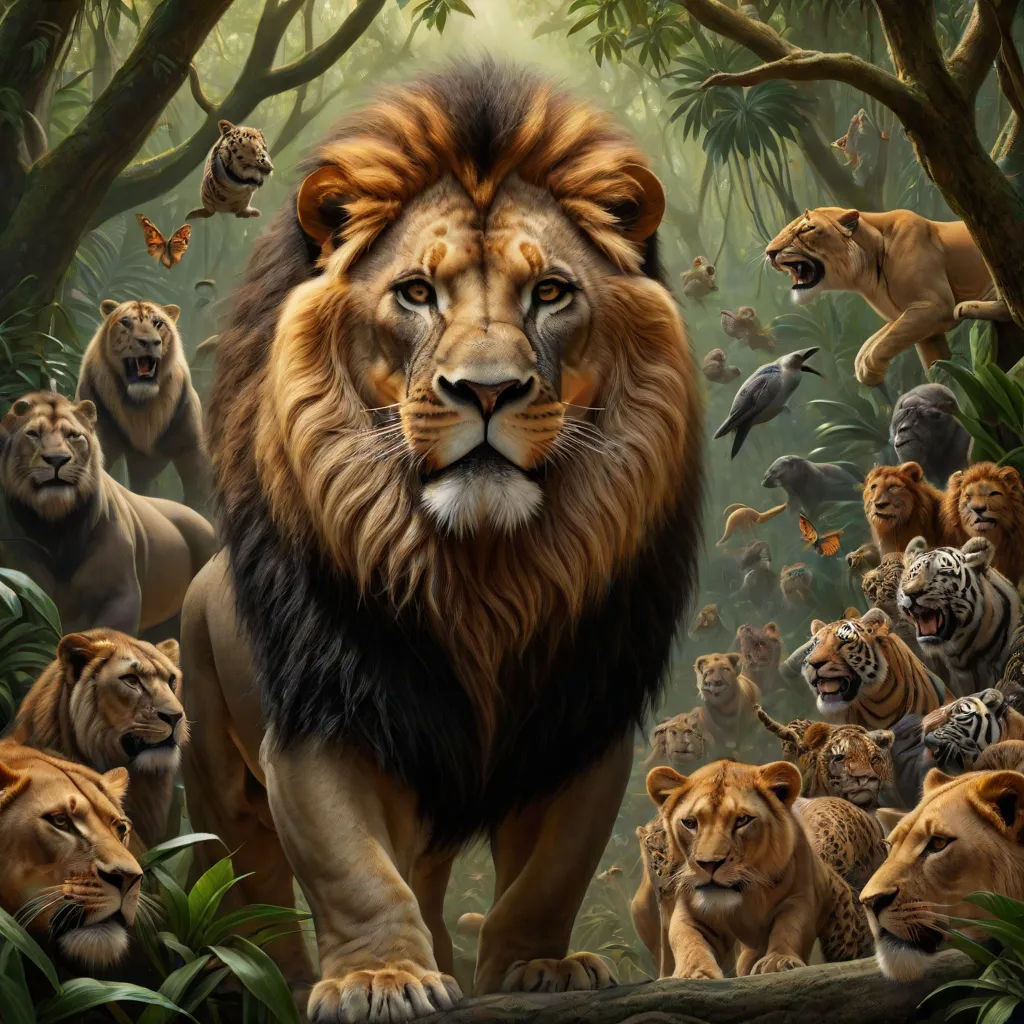 a painting of a lion surrounded by other animals in a jungle setting with a bird on its back and a bird on its neck, fantastic realism, an oil painting, Chris LaBrooy, wildlife photography