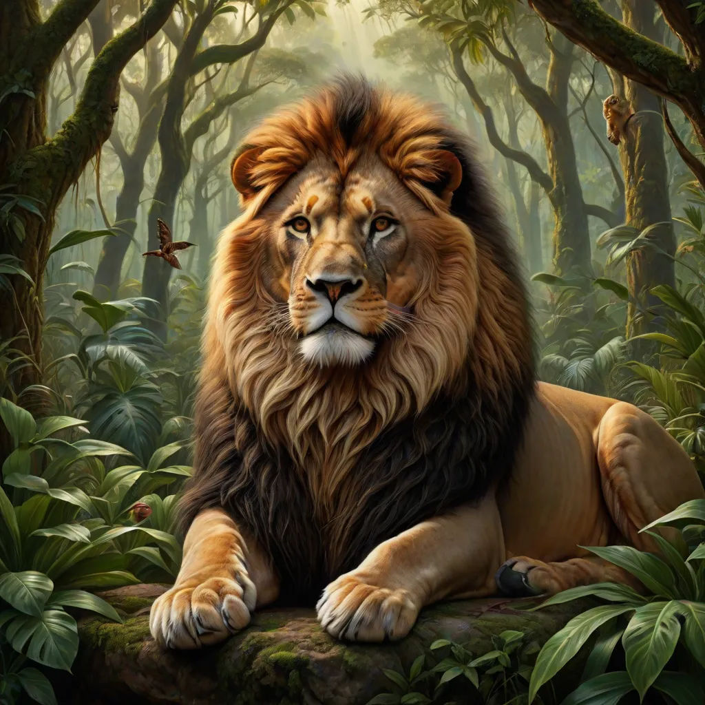 a lion laying on a rock in a forest with butterflies flying around it and trees and bushes around it, fantasy art, an airbrush painting, Chris LaBrooy, highly detailed oil painting