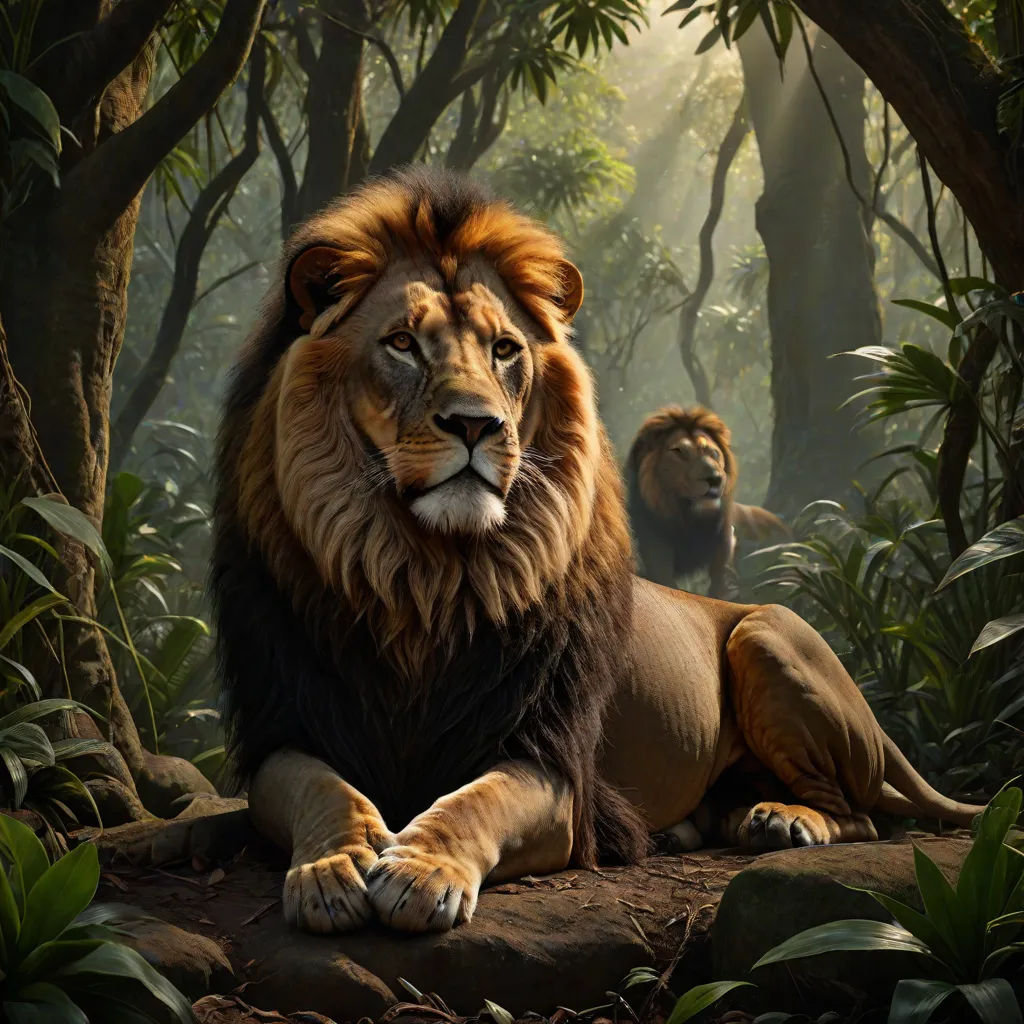 a lion laying on a rock in a jungle with another lion in the background and a third lion in the foreground, photorealism, a detailed matte painting, Chris LaBrooy, photoreal