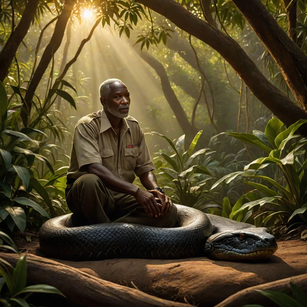 a man sitting on a rock in a jungle with a snake on it's back and a sunbeam in the background, photorealism, a photorealistic painting, Cliff Childs, photoreal
