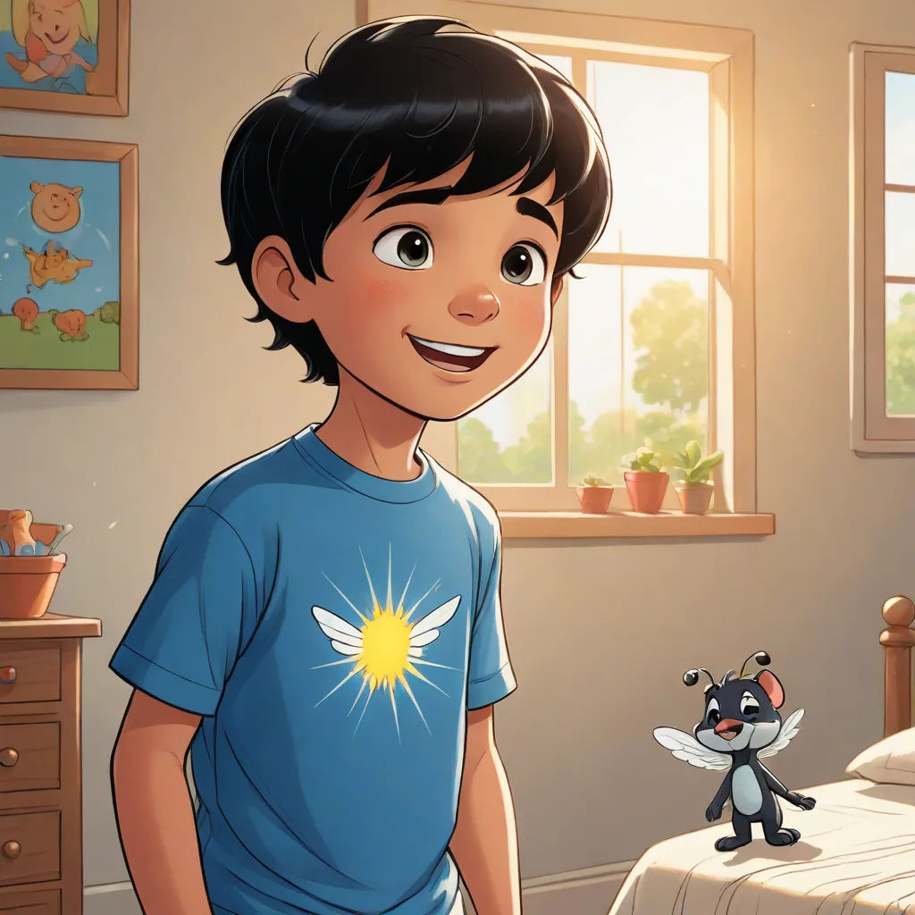 a boy in a bedroom with a cat and a bed in the background and a window with a teddy bear, photorealism, a comic book panel, disney, pixar and disney animation