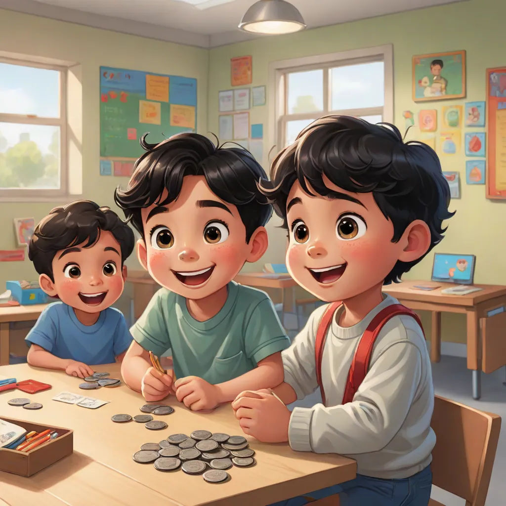a group of children sitting at a table with a coin game in front of them and a boy standing next to them, sots art, a storybook illustration, Aaron Jasinski, official art