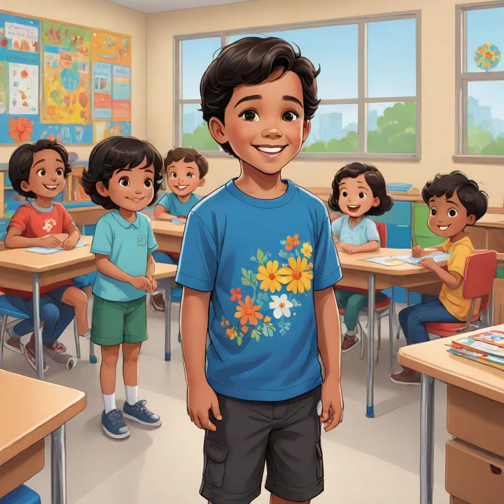 a boy standing in front of a classroom full of children with books on the desks and a book bag, vancouver school, a storybook illustration, Anthony Angarola, official art