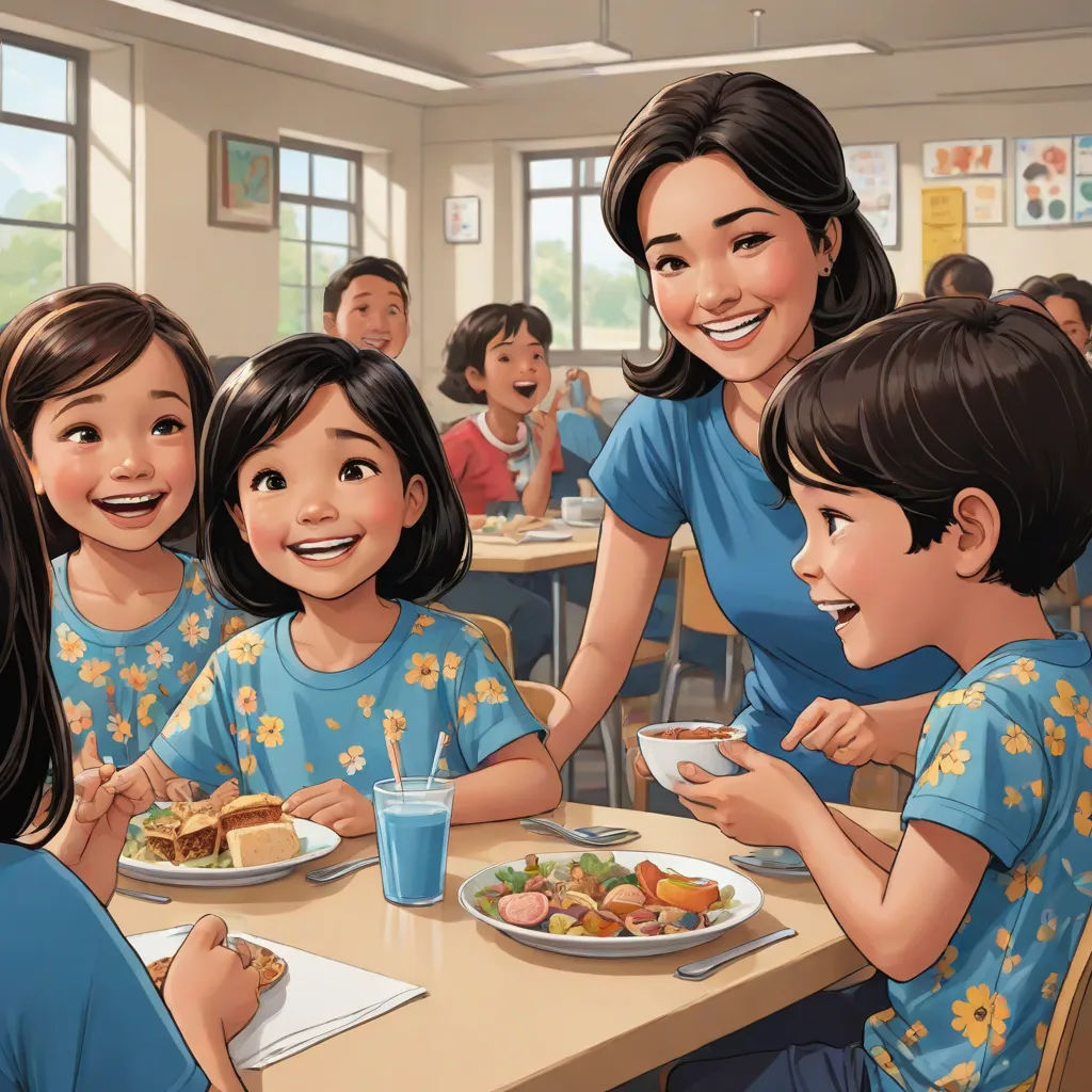 a woman and two children eating at a table with plates of food and drinks in front of them, while a woman is smiling, paris school, a storybook illustration, David Park, official art