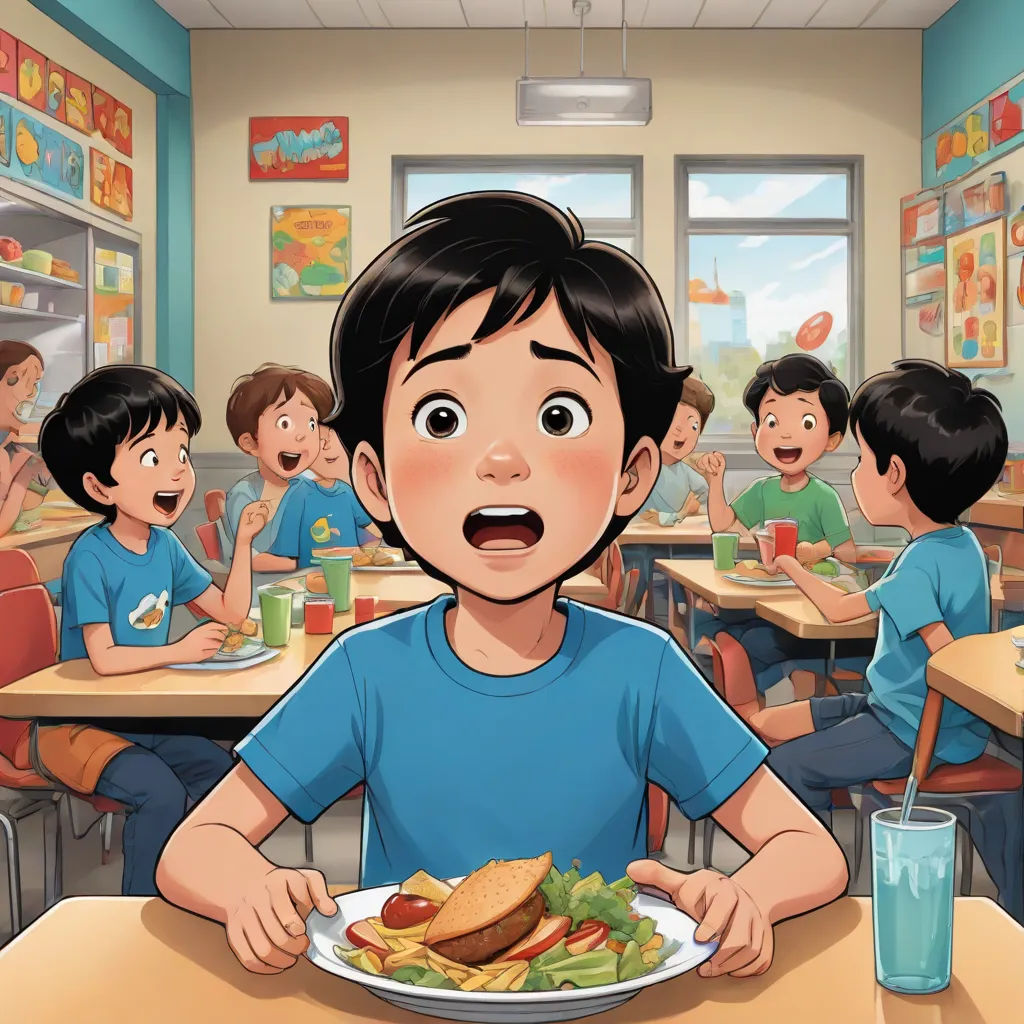 a boy is eating a plate of food in a classroom with other children in the background and a cartoon of him, american scene painting, a storybook illustration, Diego Gisbert Llorens, comic cover art