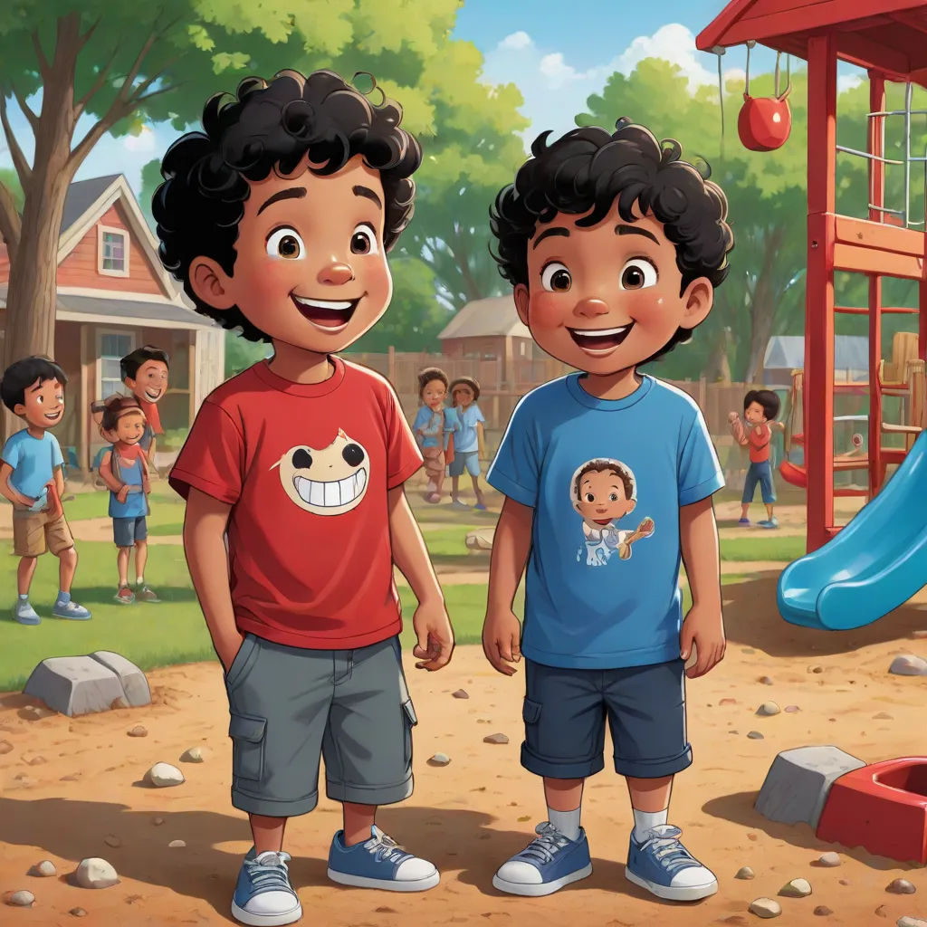 two children standing in front of a playground with a slide and a playground in the background with a red and blue slide, american scene painting, a storybook illustration, Felix-Kelly, official art