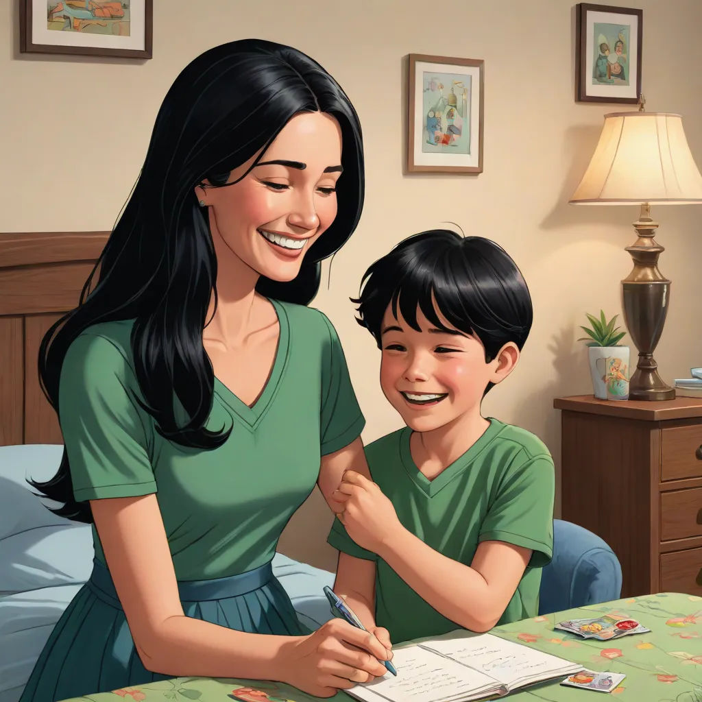 a woman and a boy are sitting at a table and smiling at each other while they are writing something, american scene painting, a storybook illustration, F Scott Hess, storybook illustration