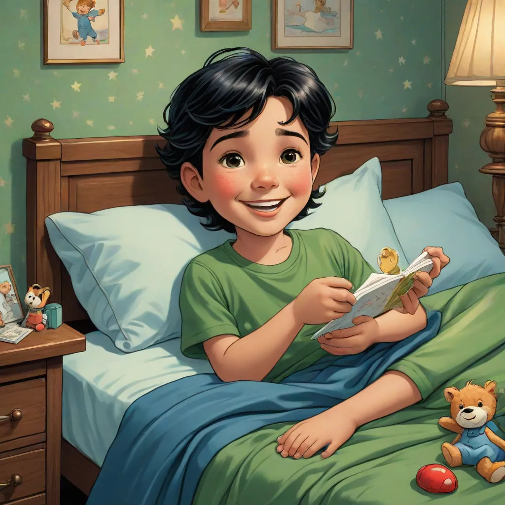 a boy is reading a book in bed with a teddy bear on the bed and a teddy bear on the nightstand, photorealism, a storybook illustration, Diego Gisbert Llorens, storybook illustration