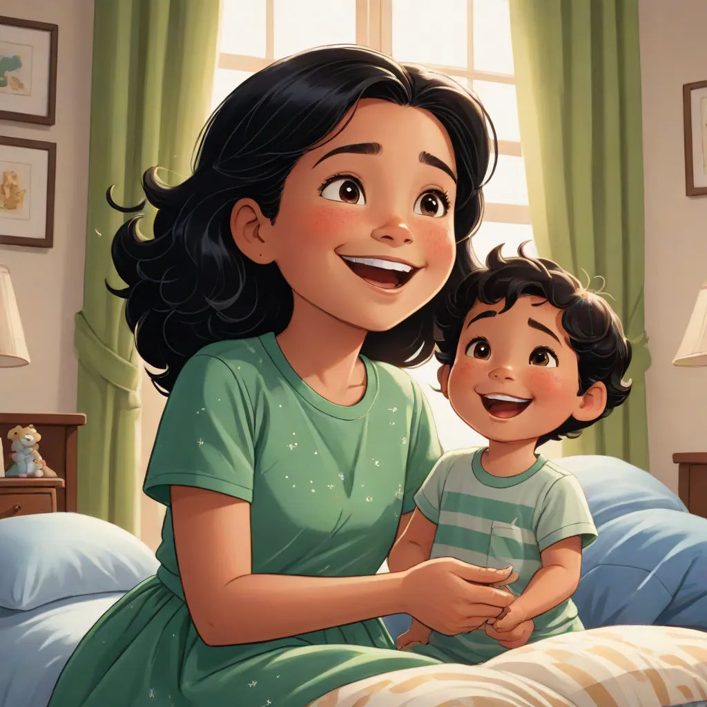 a woman and a child sitting on a bed together, smiling at the camera, with a window in the background, sots art, a storybook illustration, disney, official art