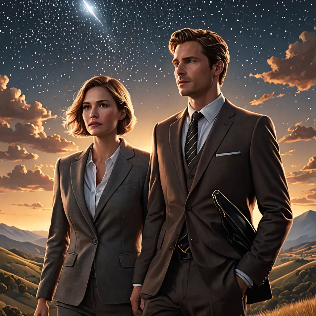 a man and a woman in business attire standing in front of a star filled sky with a bright star, space art, poster art, Barclay Shaw, promotional image