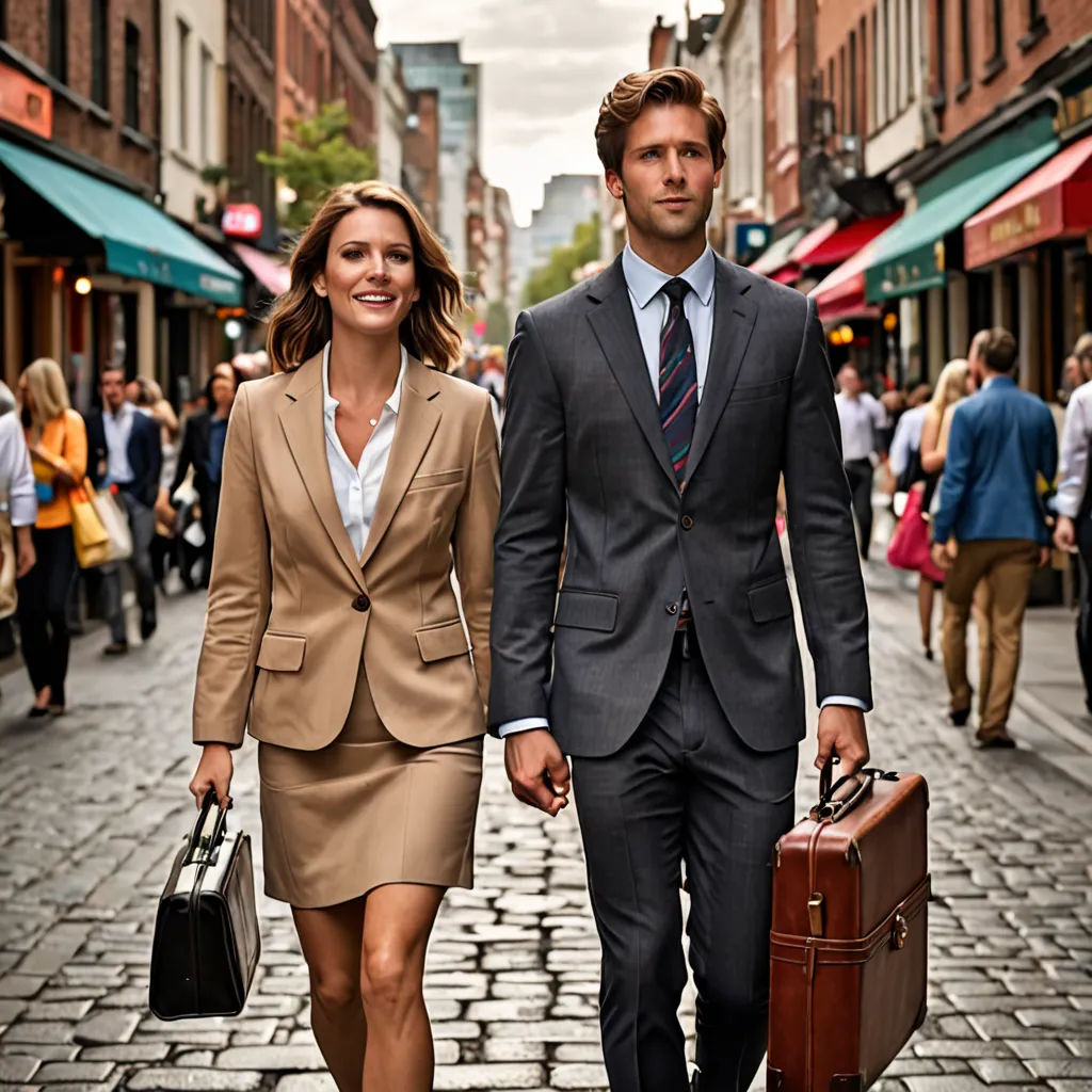 a man and woman walking down a street holding luggage bags and briefcases in their hands, with a crowd of people walking by, arts and crafts movement, a stock photo, Christian Hilfgott Brand, promotional image