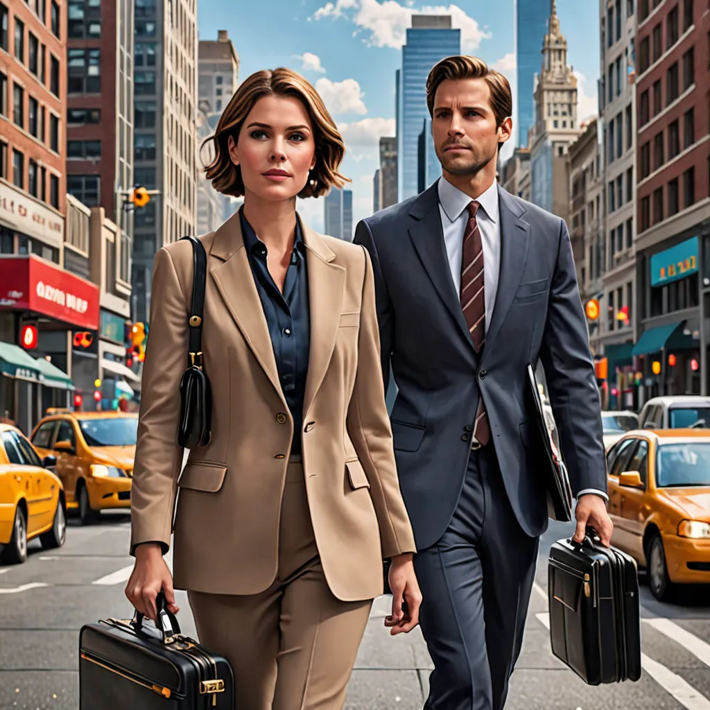 a man and a woman walking down a street holding briefcases and briefcase bags in their hands, with a city in the background, new objectivity, a stock photo, Christian Hilfgott Brand, promotional image