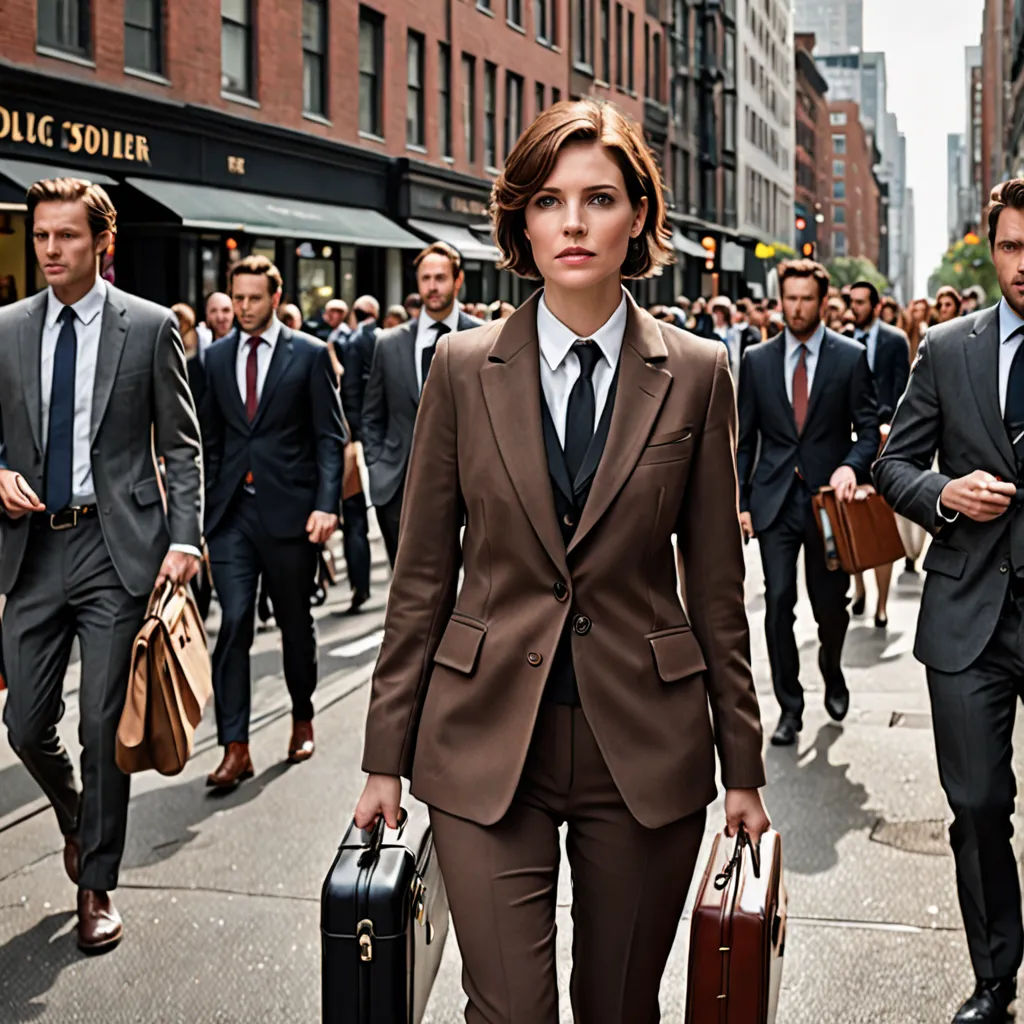 a woman in a suit and tie walking down a street with a group of men in suits behind her, neoism, a colorized photo, Florence Engelbach, promotional image