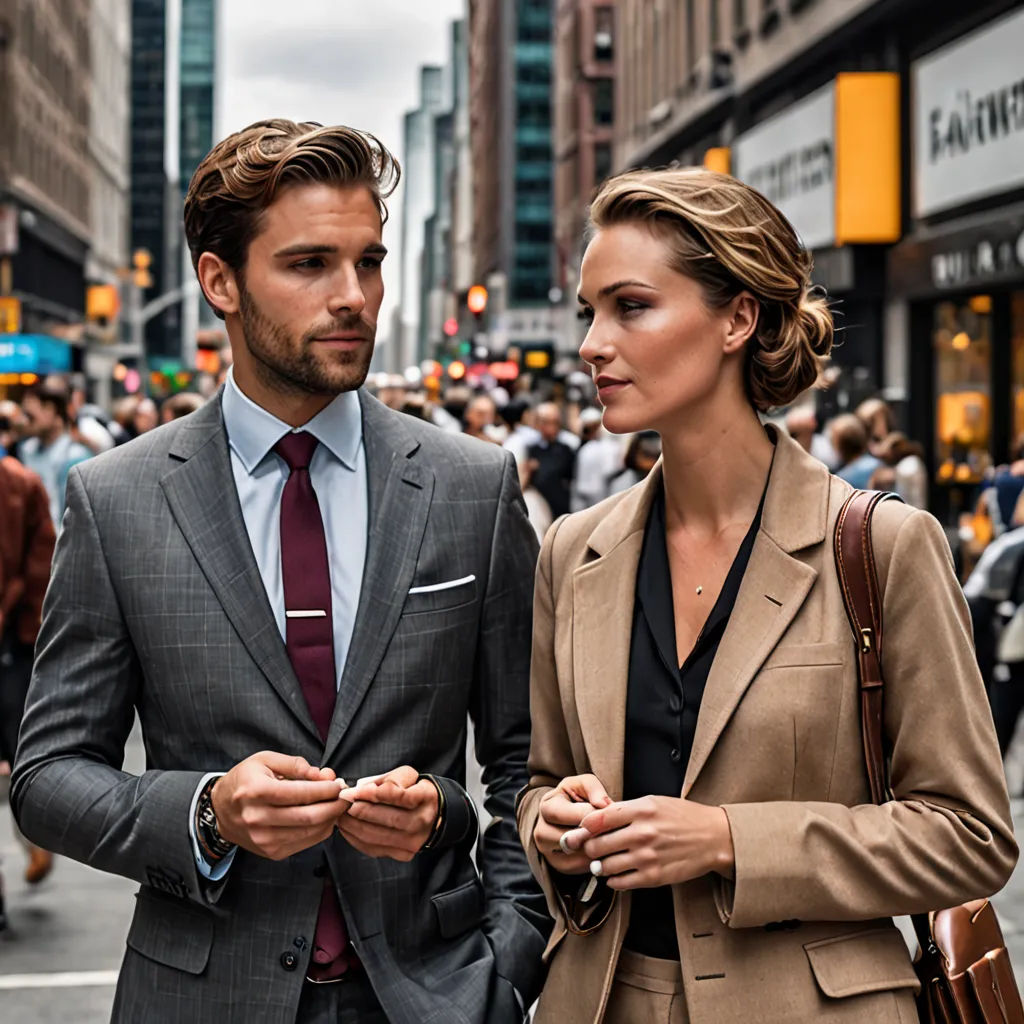 a man and woman standing in the street looking at each other and looking at something on the other side, neoism, a stock photo, Christian Hilfgott Brand, promotional image