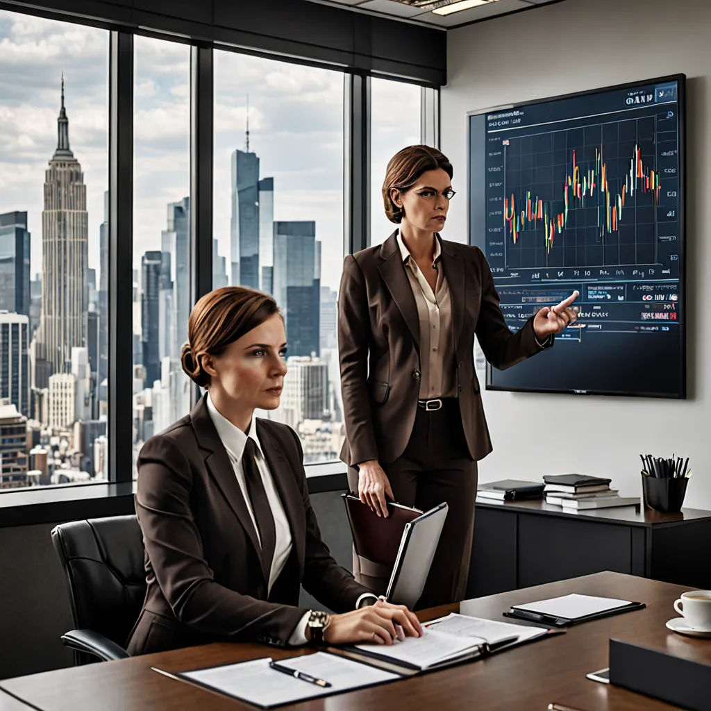 two business women in a board room with a city view in the background, one pointing at a chart, institutional critique, a stock photo, Andries Stock, promotional image