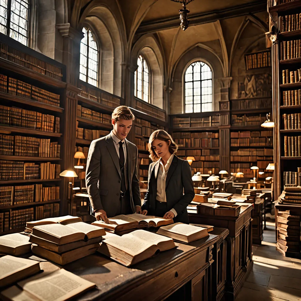 a man and woman standing in a library with books on the desks and a chandelier hanging from the ceiling, academic art, a stock photo, Florence Engelbach, promotional image
