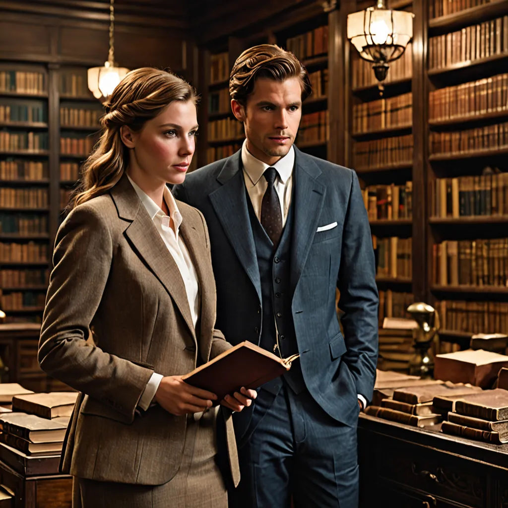 a man and a woman standing in a library with books on the shelves and a lamp on the ceiling, arts and crafts movement, a storybook illustration, Christian Hilfgott Brand, promotional image