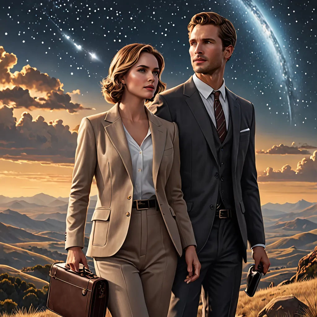 a man and a woman are walking in the desert with a sky background and a planet in the background, fantastic realism, a detailed matte painting, Colin Middleton, promotional image