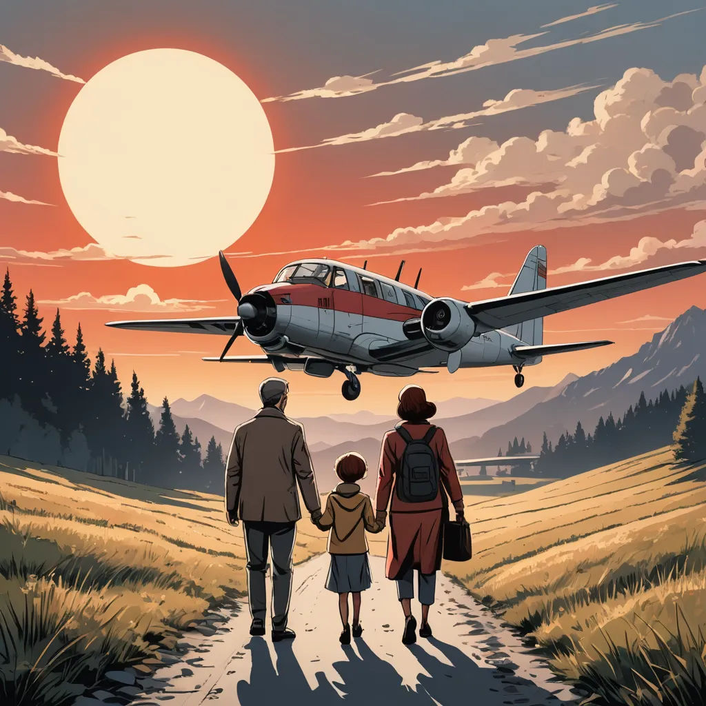 a family walking down a path towards a plane flying over them in the sky above a field of grass, retrofuturism, a storybook illustration, Atey Ghailan, high detail illustration