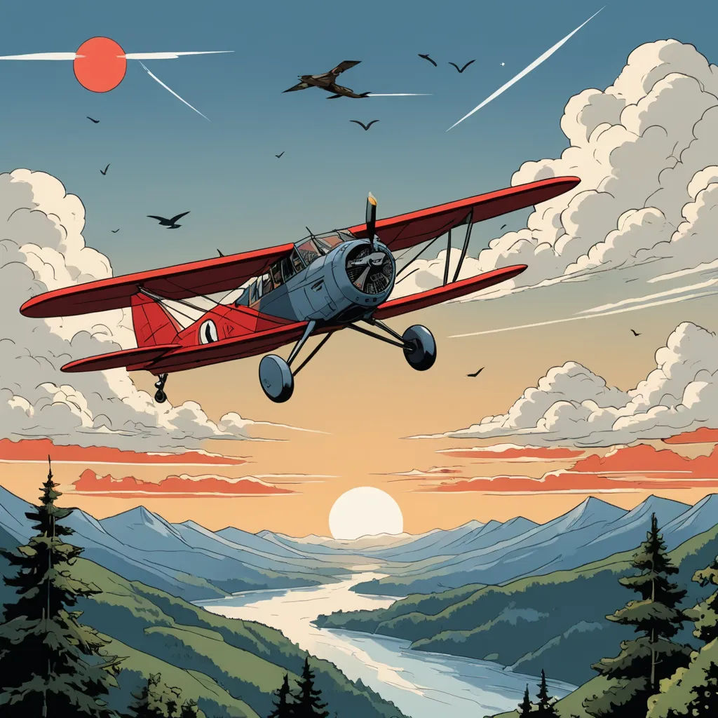 a red and white airplane flying over a mountain range with a river below it and birds flying over it, environmental art, poster art, Dan Mumford, comic cover art