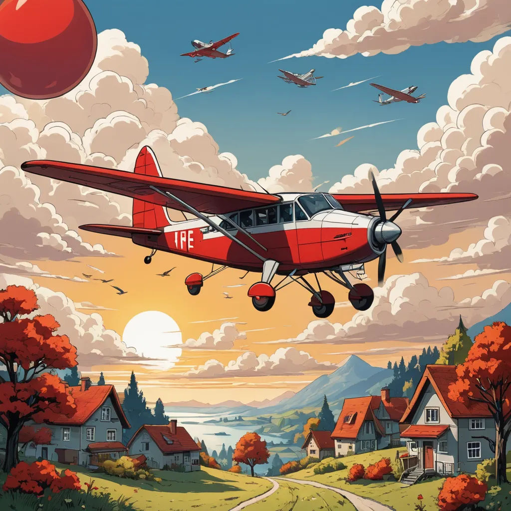 a red airplane flying over a rural countryside with houses and trees in the background and a red ball in the air, retrofuturism, an ultrafine detailed painting, Atey Ghailan, josan gonzales and dan mumford