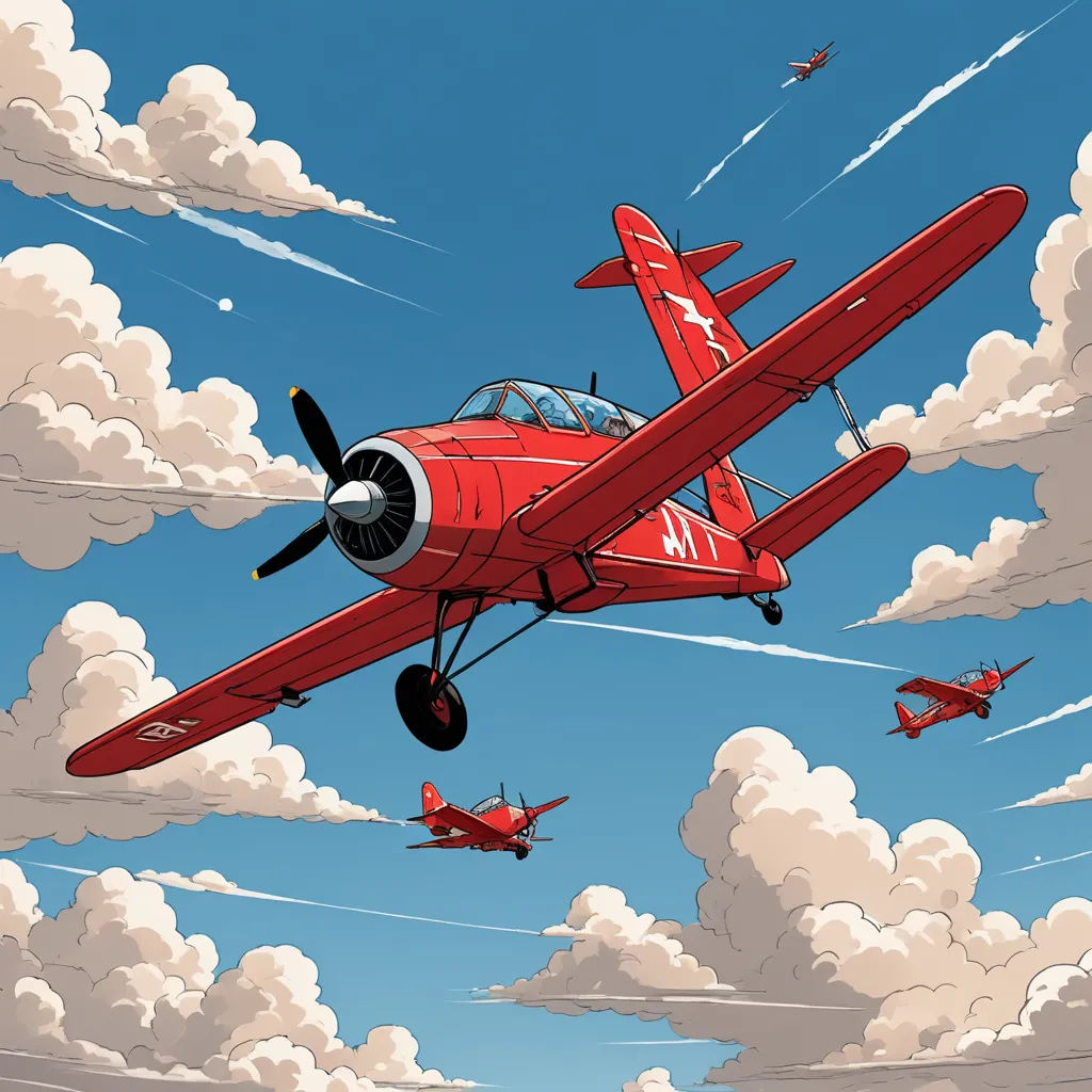 a red plane flying through a cloudy blue sky with four red planes flying overhead in the sky above it, serial art, a comic book panel, Asaf Hanuka, laurie greasley