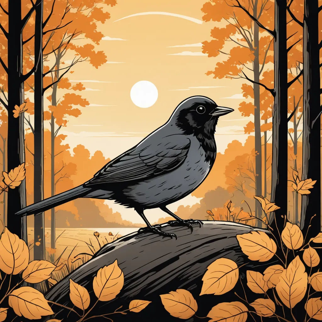 a bird sitting on a rock in a forest with leaves and a sun in the background with a sky background, naturalism, a storybook illustration, Dan Mumford, josan gonzales and dan mumford