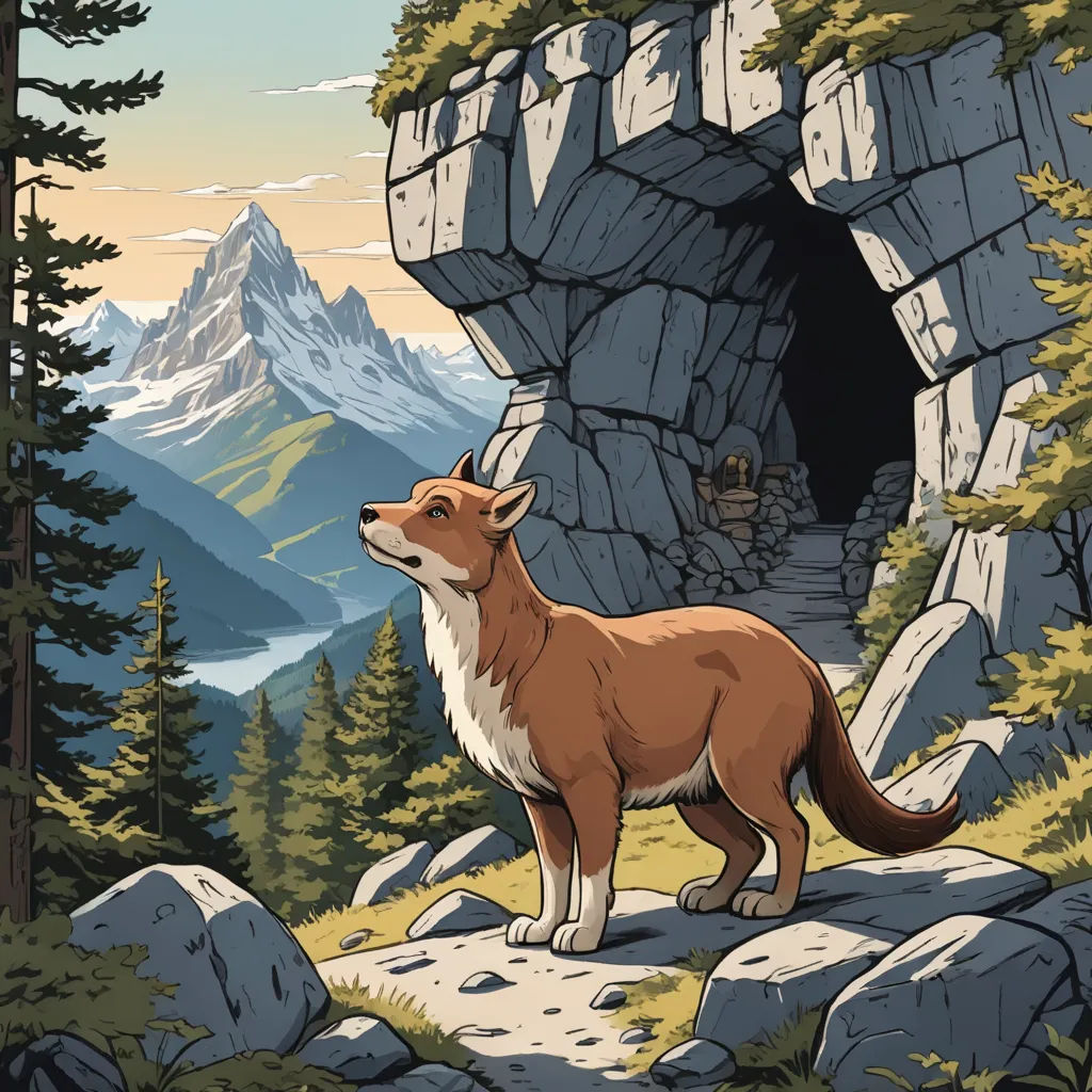 a cartoon of a fox standing on a rocky cliff with a mountain in the background and a cave in the middle, furry art, a storybook illustration, Chris LaBrooy, comic cover art