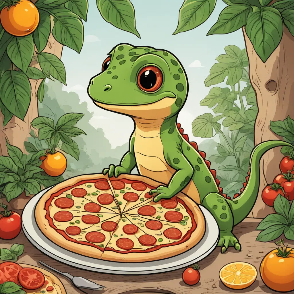a lizard sitting on a table with a pizza in front of it and a bunch of fruit around it, furry art, a storybook illustration, Adam Rex, storybook illustration