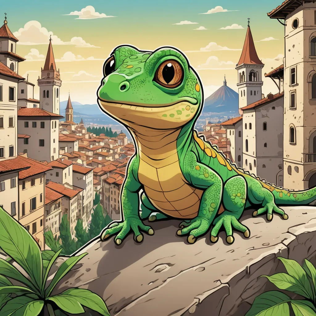 a green lizard sitting on a rock in front of a cityscape with a castle in the background, lyco art, a storybook illustration, Chris LaBrooy, storybook illustration