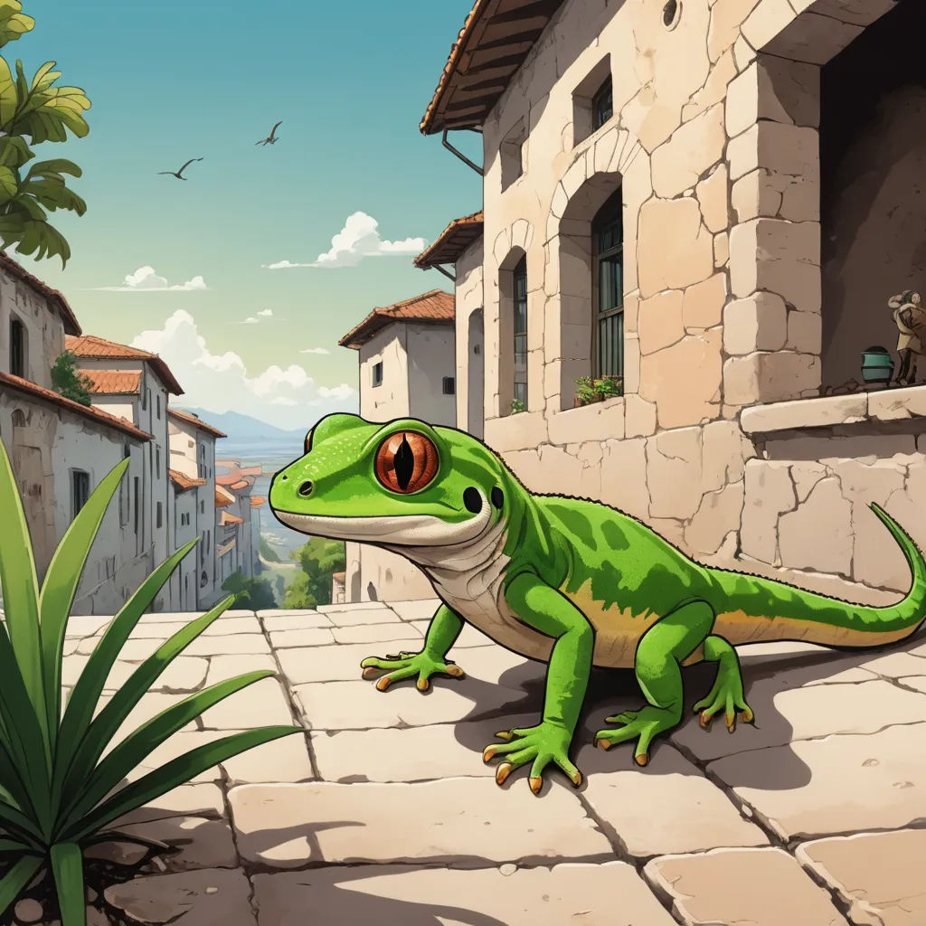 a green lizard sitting on a stone walkway in front of a building with a cat on the other side, fantasy art, concept art, Cedric Seaut (Keos Masons), 2 d game art