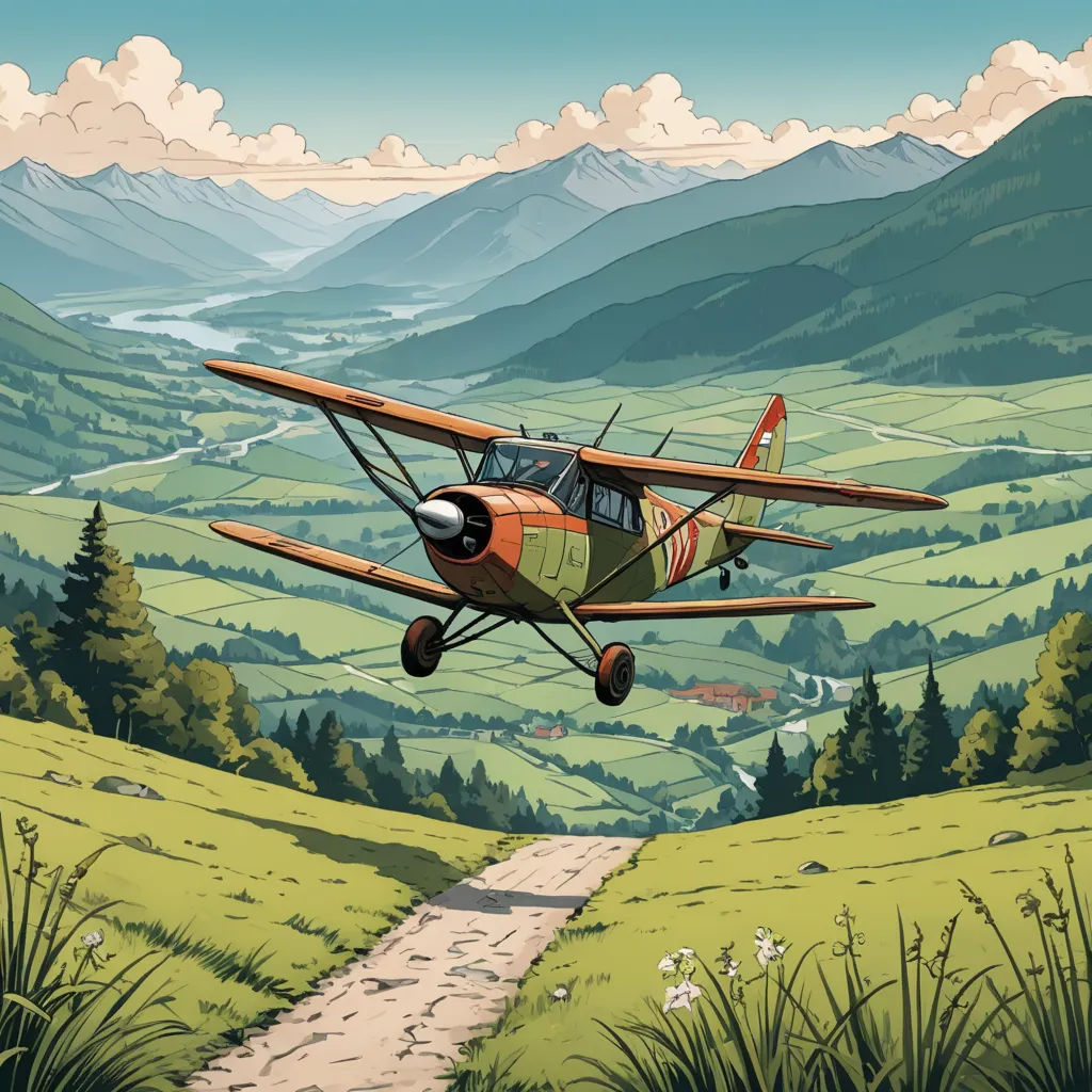 a small plane flying over a lush green hillside covered in trees and grass, with a dirt road leading to the bottom of the picture, plein air, a comic book panel, Asaf Hanuka, high detail illustration