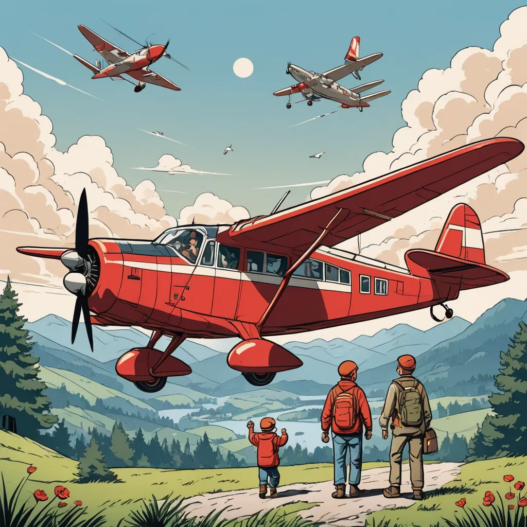 a red airplane flying over a forest filled with people and two planes flying overhead in the sky above a forest, retrofuturism, a storybook illustration, Atey Ghailan, high detail illustration
