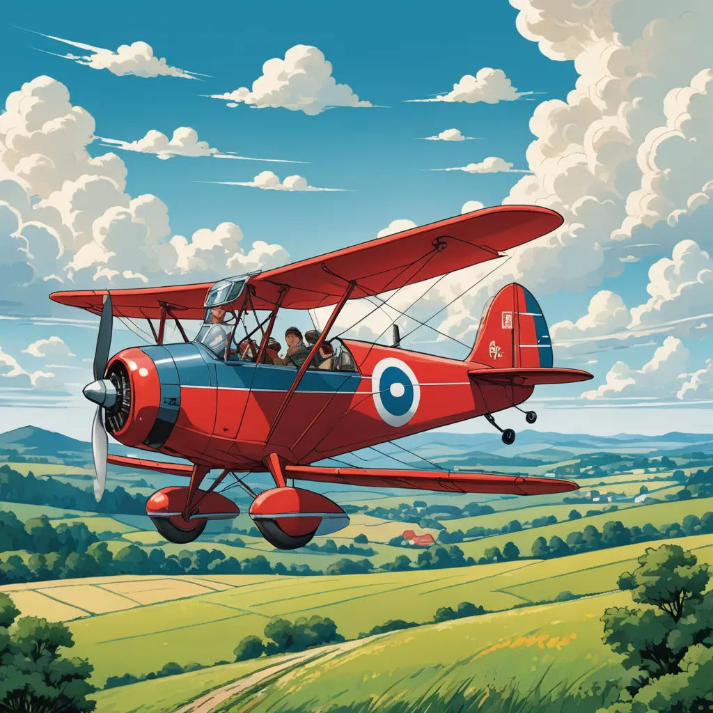 a red airplane flying over a lush green field under a blue sky with clouds and trees in the background, precisionism, a storybook illustration, Cliff Childs, high detail illustration