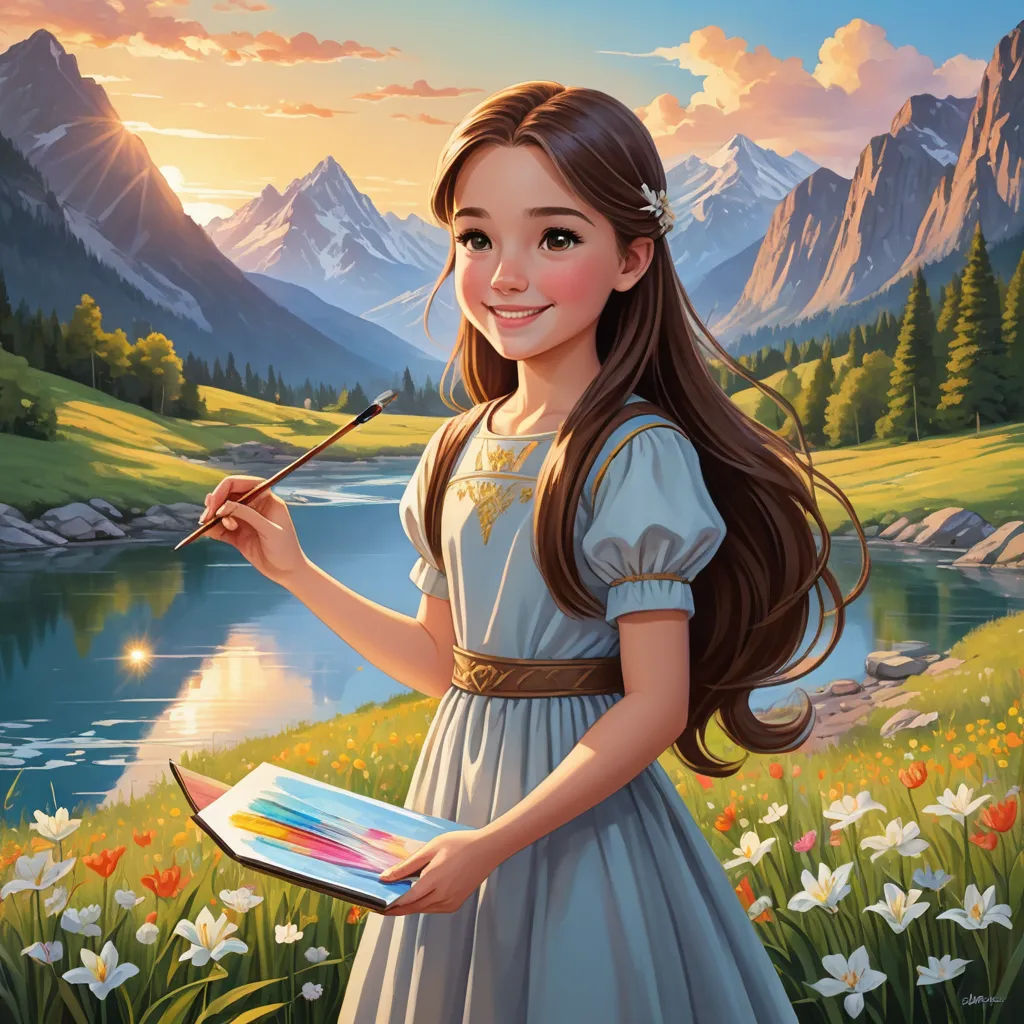 a girl in a dress holding a paintbrush and a book in her hand and a mountain lake in the background, fantasy art, an airbrush painting, artist, professional digital painting