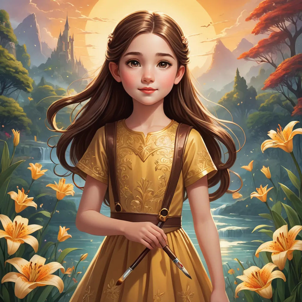 a painting of a girl in a yellow dress holding a sword in front of a forest with flowers and a castle, fantasy art, a detailed painting, Alice Prin, trending on art station