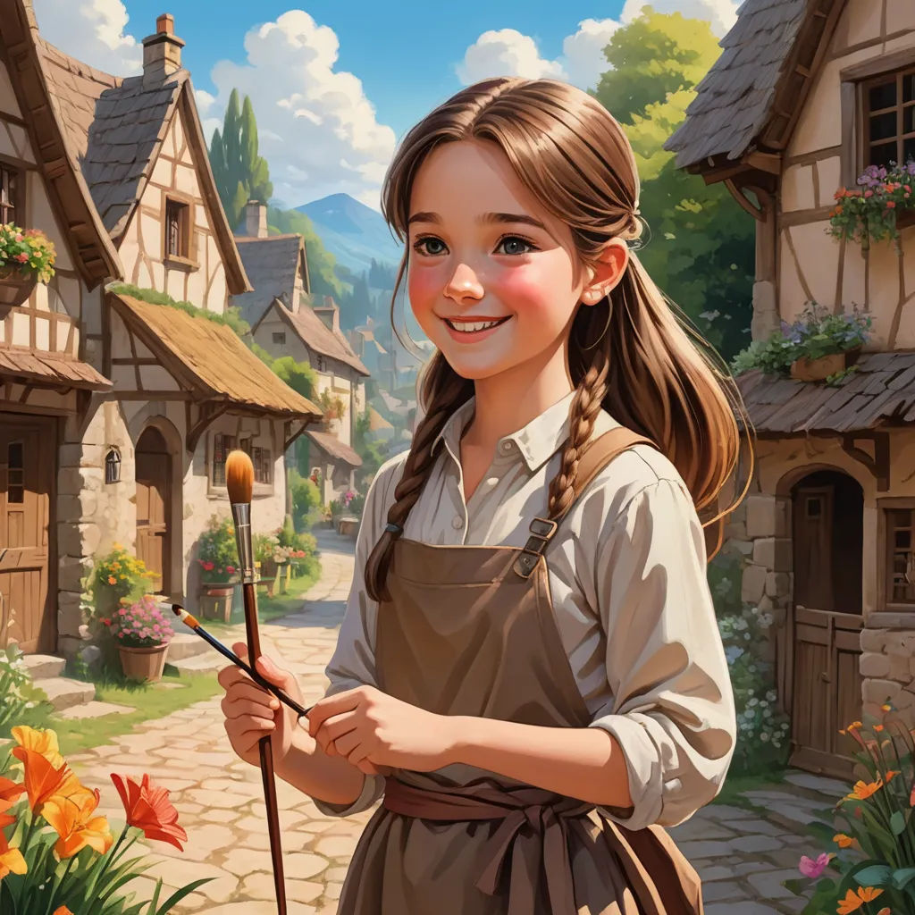 a painting of a girl holding a paintbrush in front of a house with flowers and a path leading to it, fantasy art, a storybook illustration, Bob Byerley, kinkade