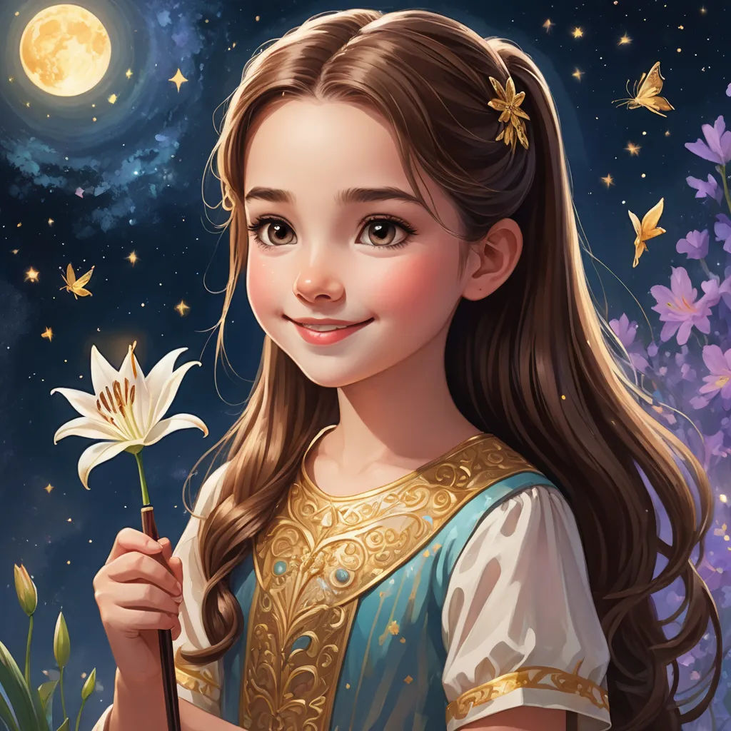 a girl holding a flower in her hand and smiling at the camera with a full moon in the background, fantasy art, a storybook illustration, Alice Prin, trending on art station