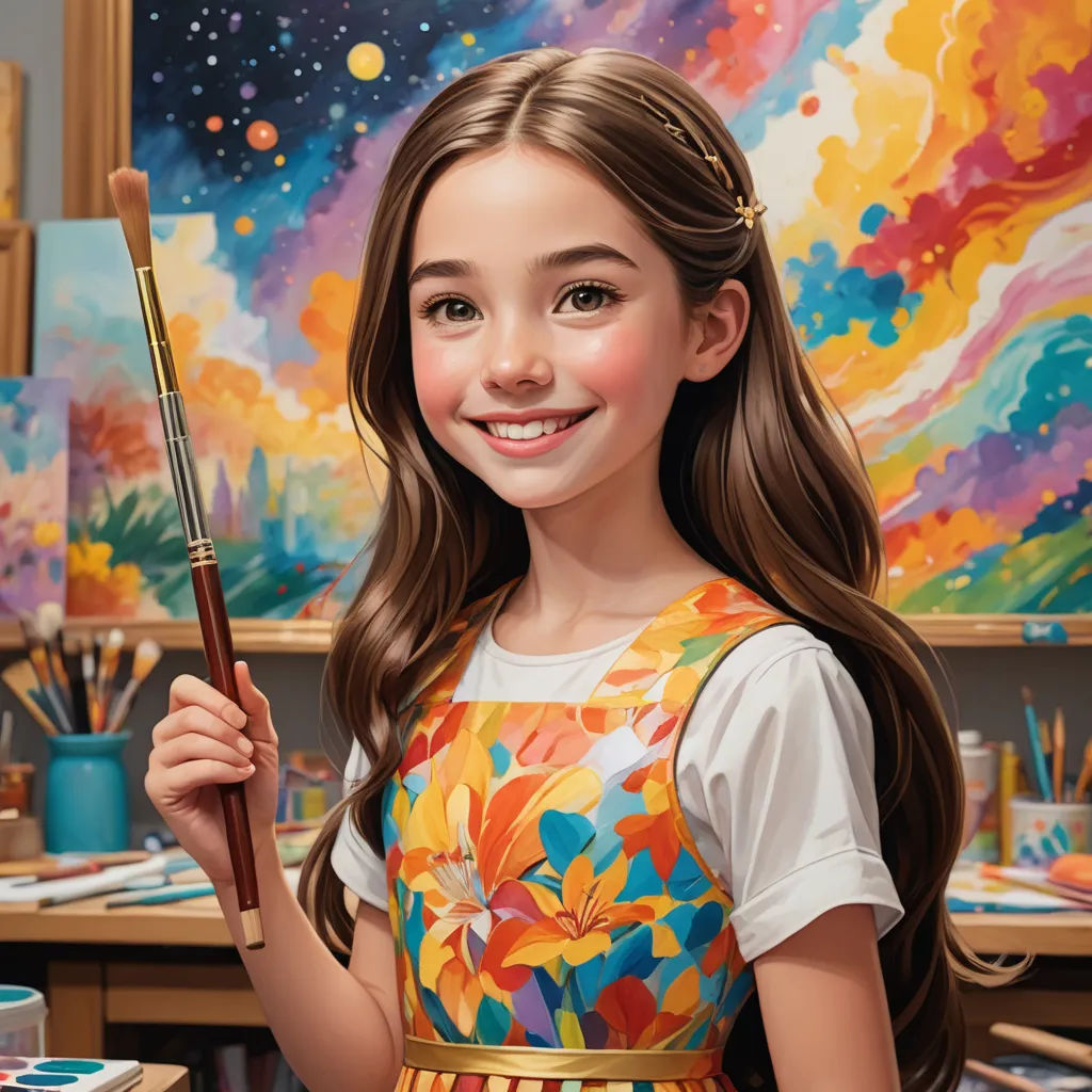 a painting of a girl holding a paintbrush in her hand and smiling at the camera, with a colorful background, photorealism, a detailed painting, artist, professional digital painting