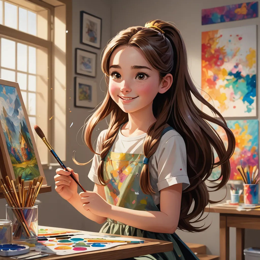 a girl is painting a picture with a brush and palette in her hand and smiling at the camera,, american scene painting, a detailed painting, Artgerm, trending on art station