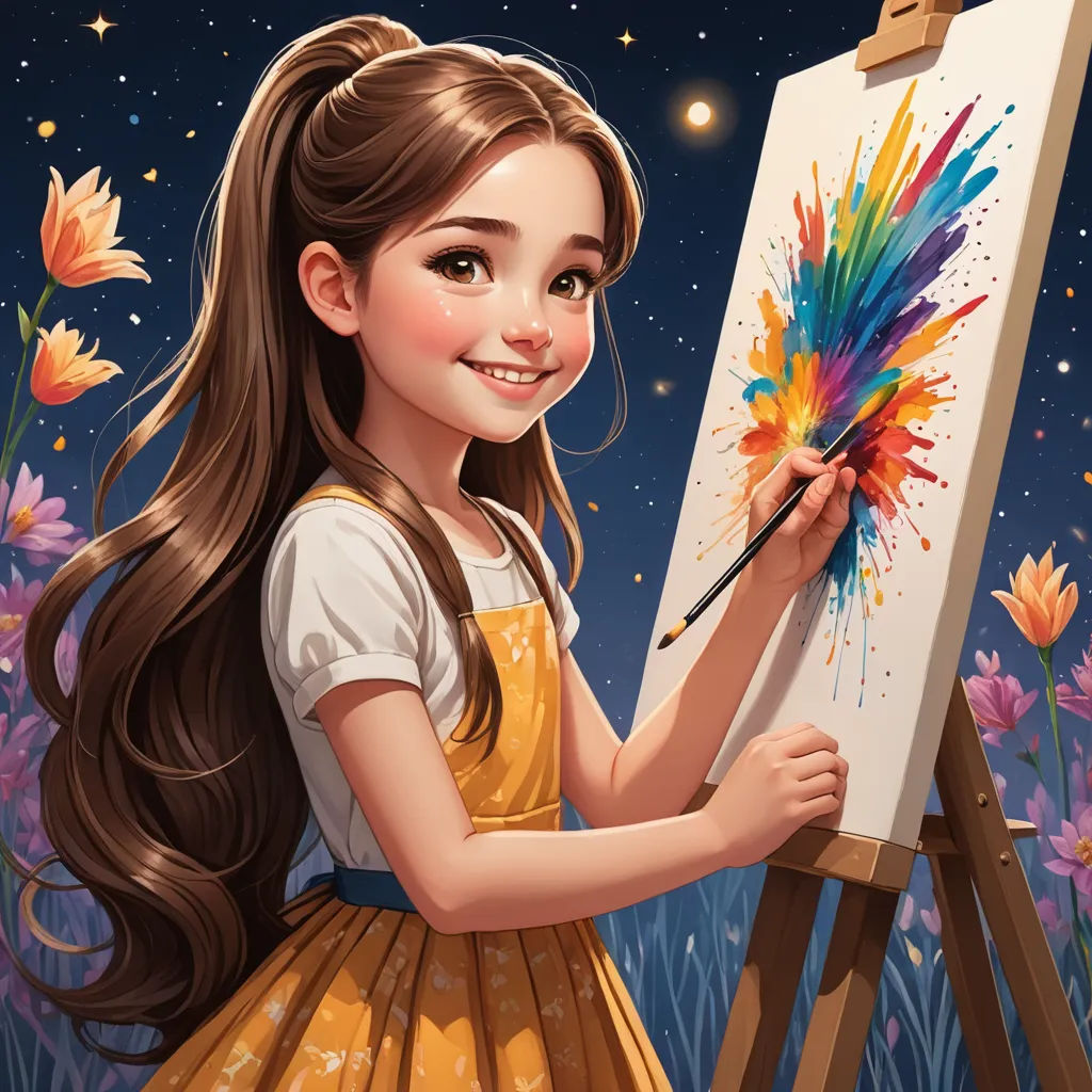 a girl is painting a picture with a brush and a palette of paint on a canvas with flowers in the background, fantasy art, a detailed painting, artist, trending on art station