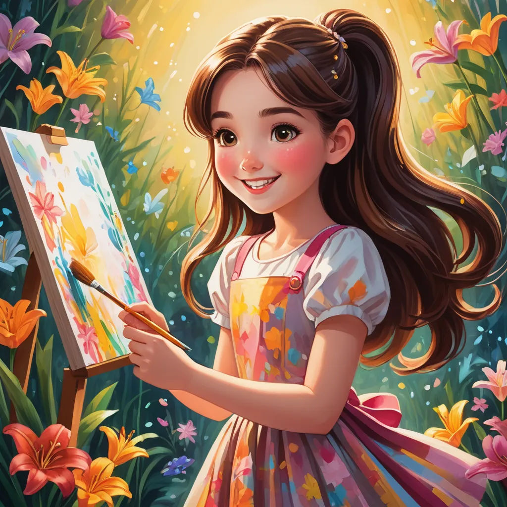 a painting of a girl in a dress holding a brush and a palette in her hand and smiling at the camera, naive art, a detailed painting, artist, detailed painting