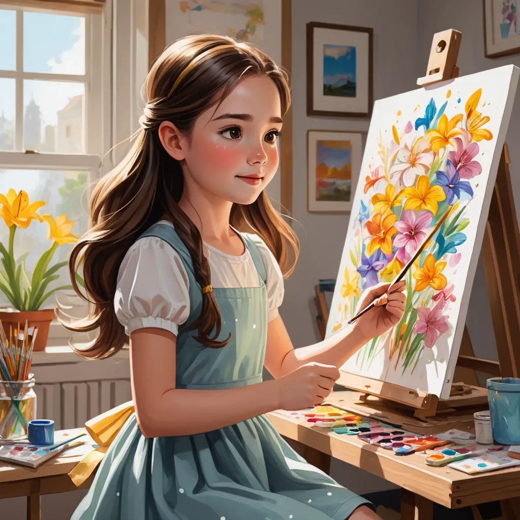 a girl is painting flowers on a canvas in a room with a window and a window sill,, american scene painting, a detailed painting, artist, trending on art station