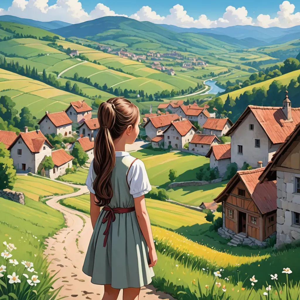 a girl looking at a village from a hill side with a path leading to it and a river running through the valley, american scene painting, a detailed matte painting, Evgeny Lushpin, ghibli