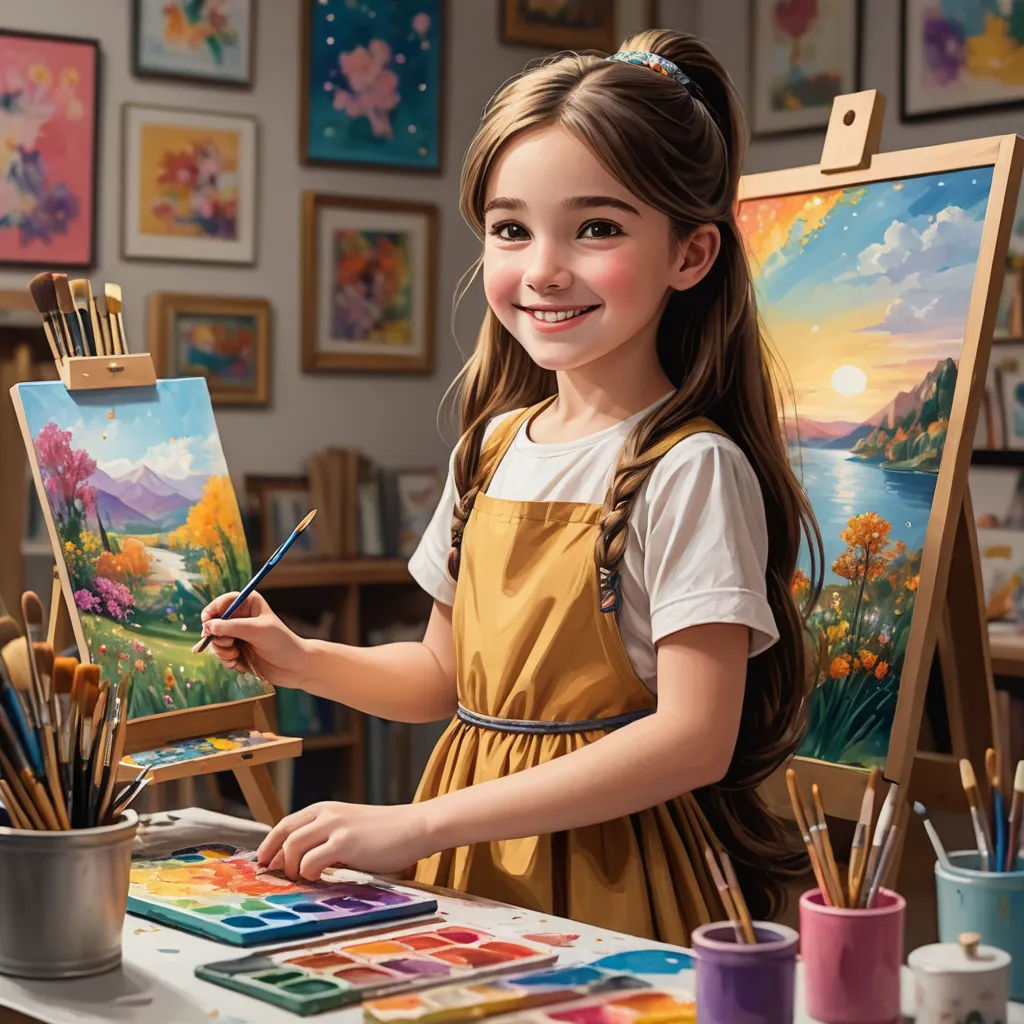a girl is painting a picture in a studio with easel and paintbrushes on the table and a painting on the easel, american scene painting, an oil painting, Bob Byerley, extremely detailed oil painting