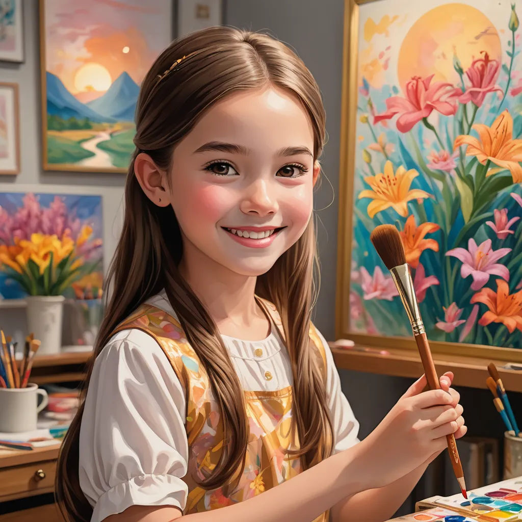 a girl is smiling while holding a paintbrush and a palette in her hand in front of a painting, american scene painting, an oil painting, Bob Byerley, extremely detailed oil painting