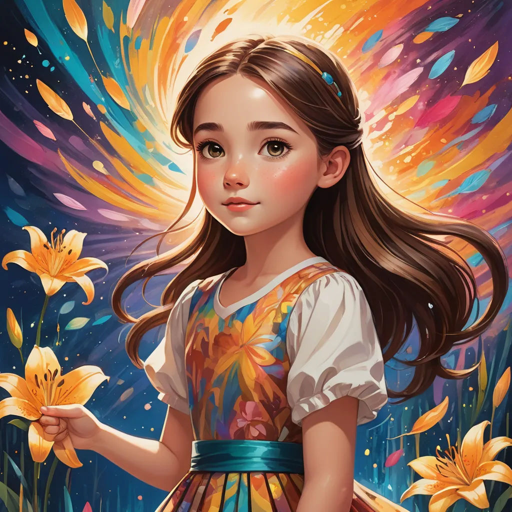 a painting of a girl holding flowers in her hand and looking at the camera with a bright background of flowers, fantasy art, an ultrafine detailed painting, Artgerm, trending on art station