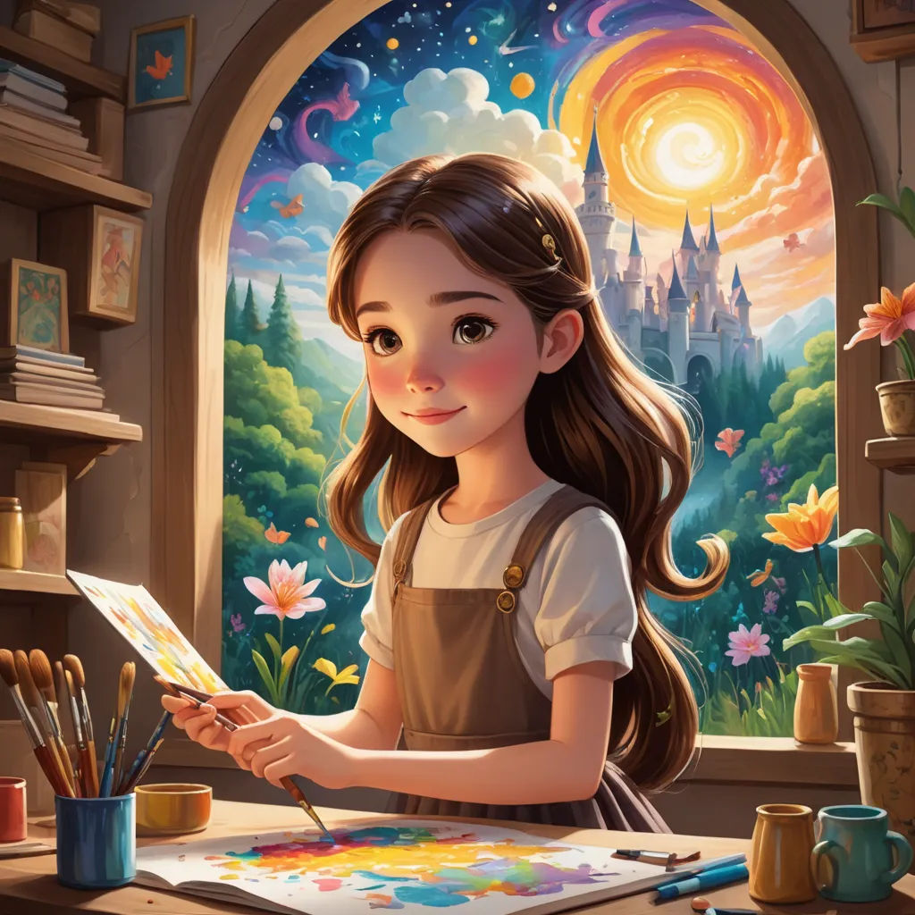 a girl is painting a picture in a window with a castle in the background and a flower pot on the table, fantasy art, a storybook illustration, artist, trending on art station